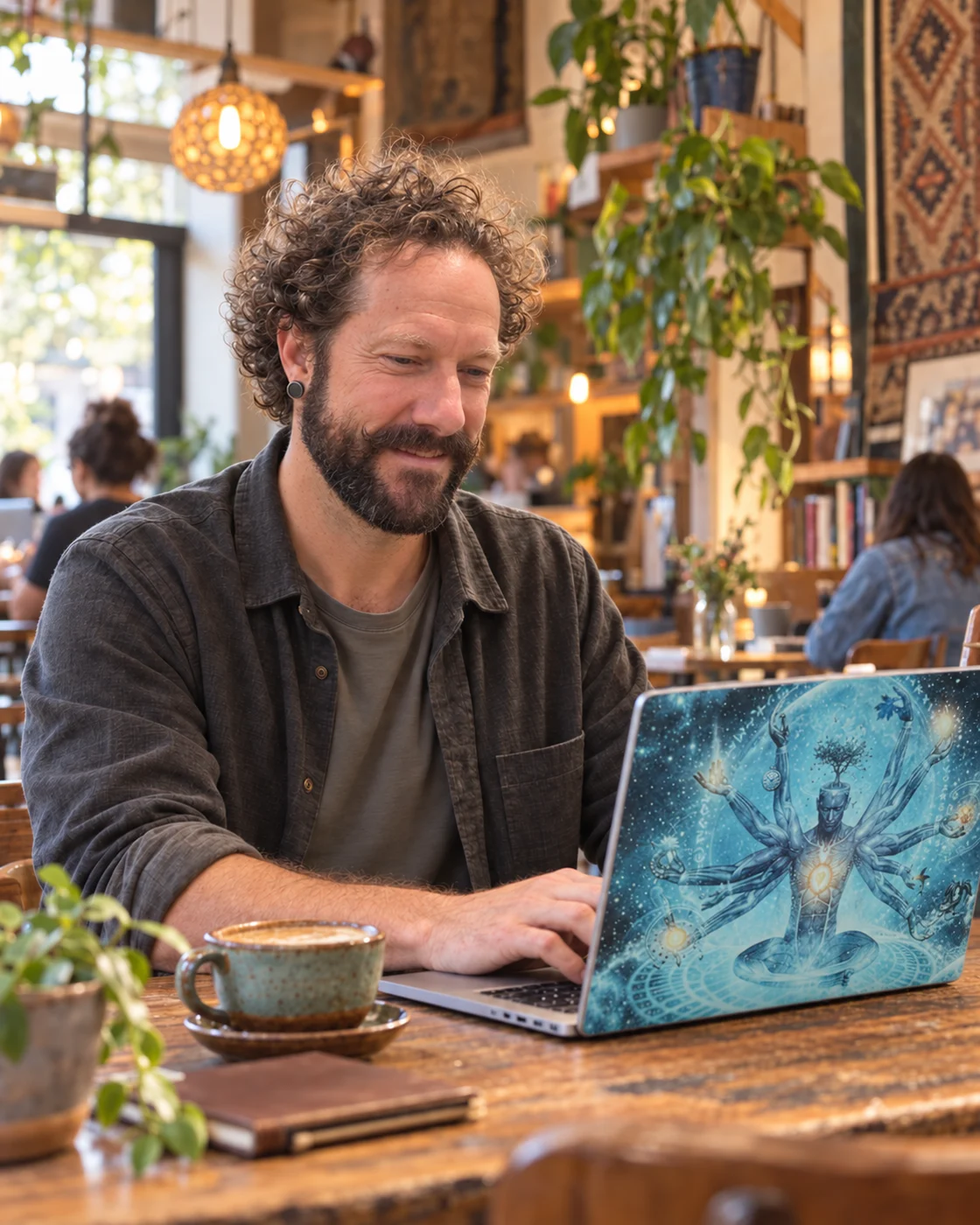 Brandon Huston working on his laptop in a warm, wood-filled coffee shop