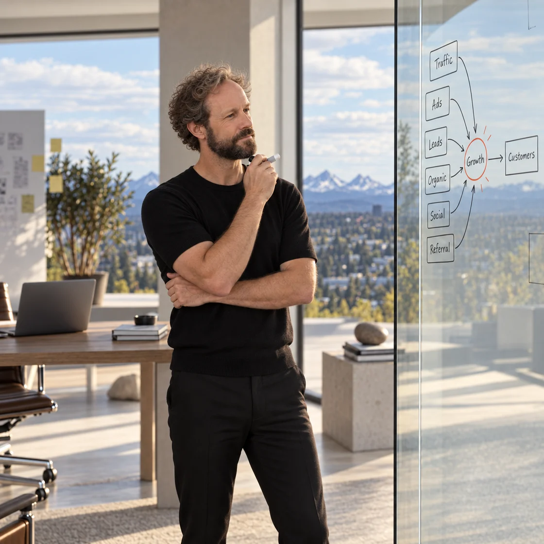 Brandon studying a business growth map on a glass strategy wall