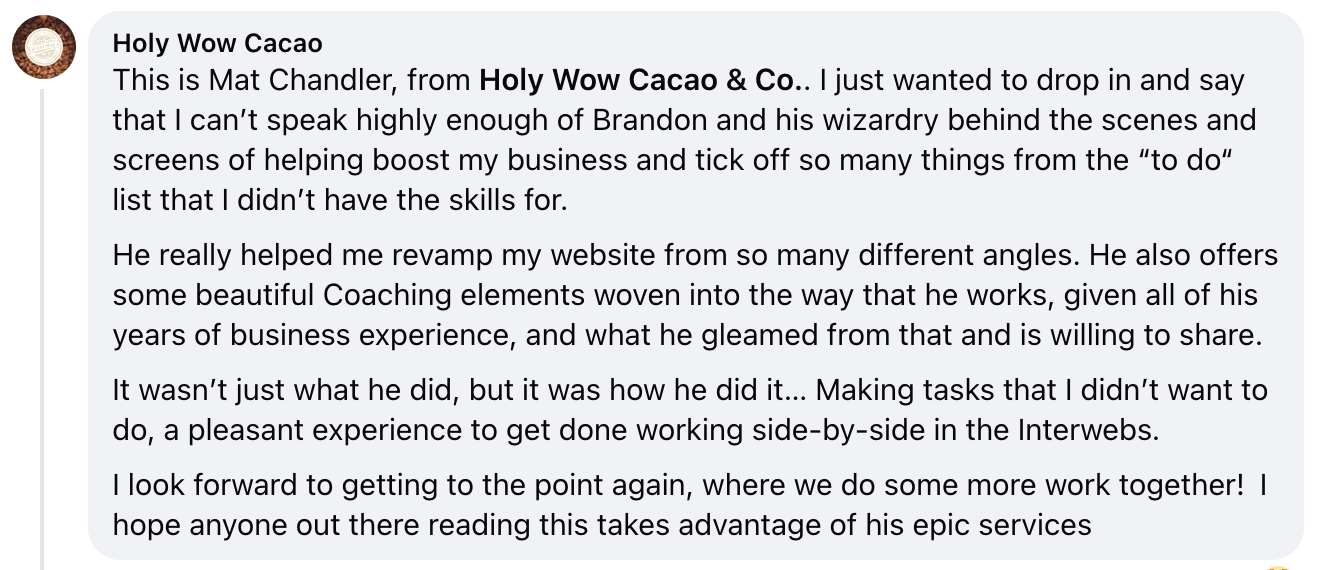 Screenshot of Mat Chandler’s written testimonial for Brandon Huston