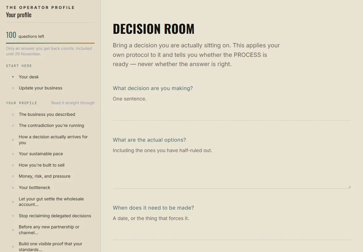 The Decision Room practice open in the portal, asking what decision you are making, what the actual options are, and what your first signal was before any analysis.