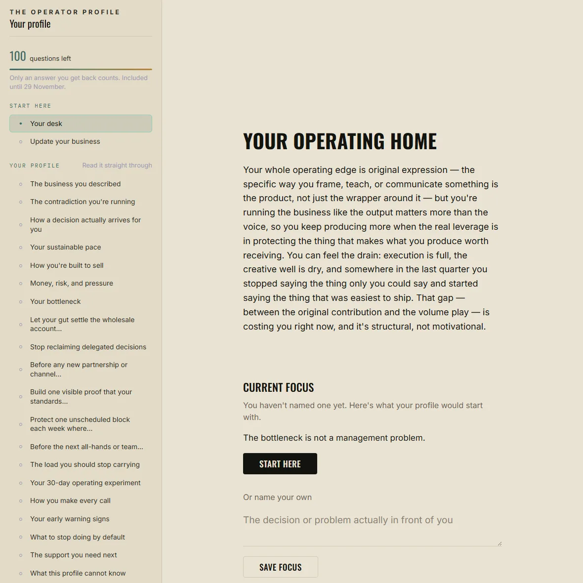 The portal home screen: a left rail listing every section of the profile and the six practices, with the current focus, this week's move and Ask your profile in the main column.